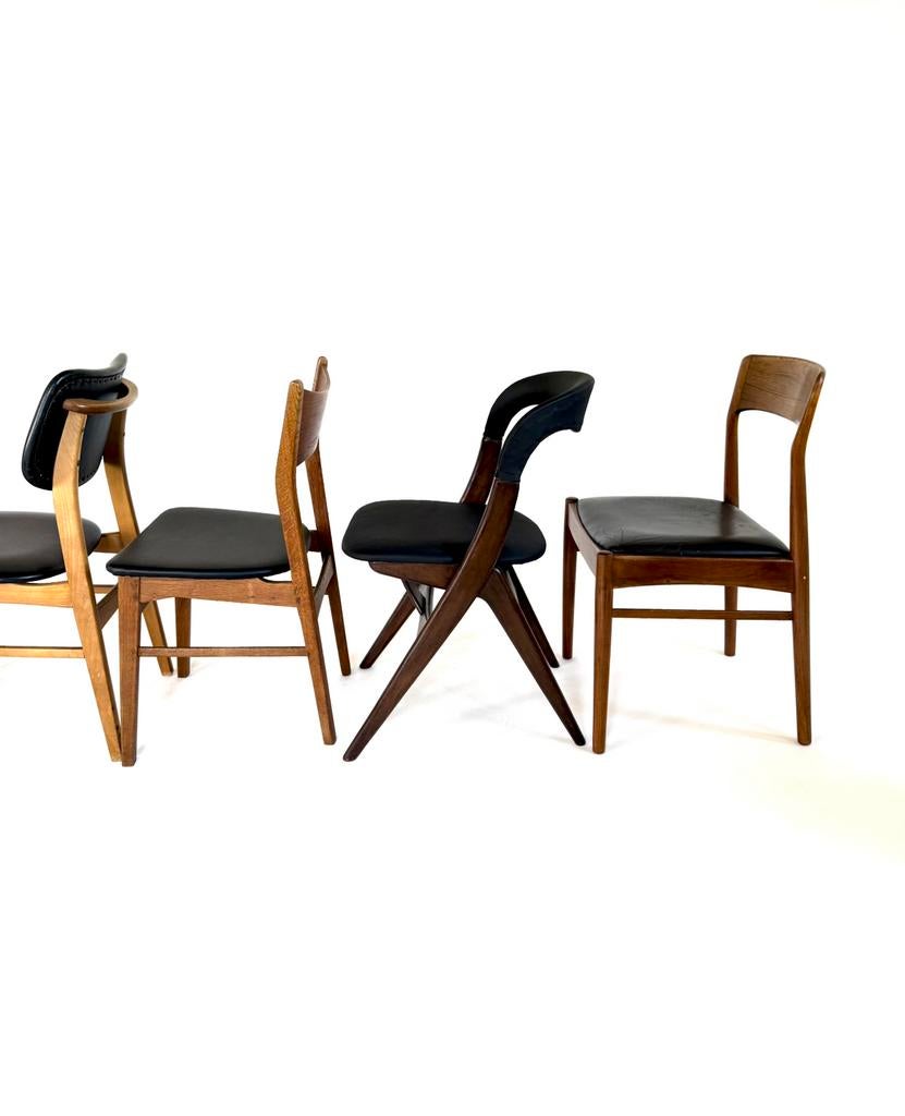 Set van 6 Mix & Match Deense eetkamerstoelen, jaren ‘60, Hout, Ophalen of Verzenden, Zo goed als nieuw, Vijf, Zes of meer stoelen