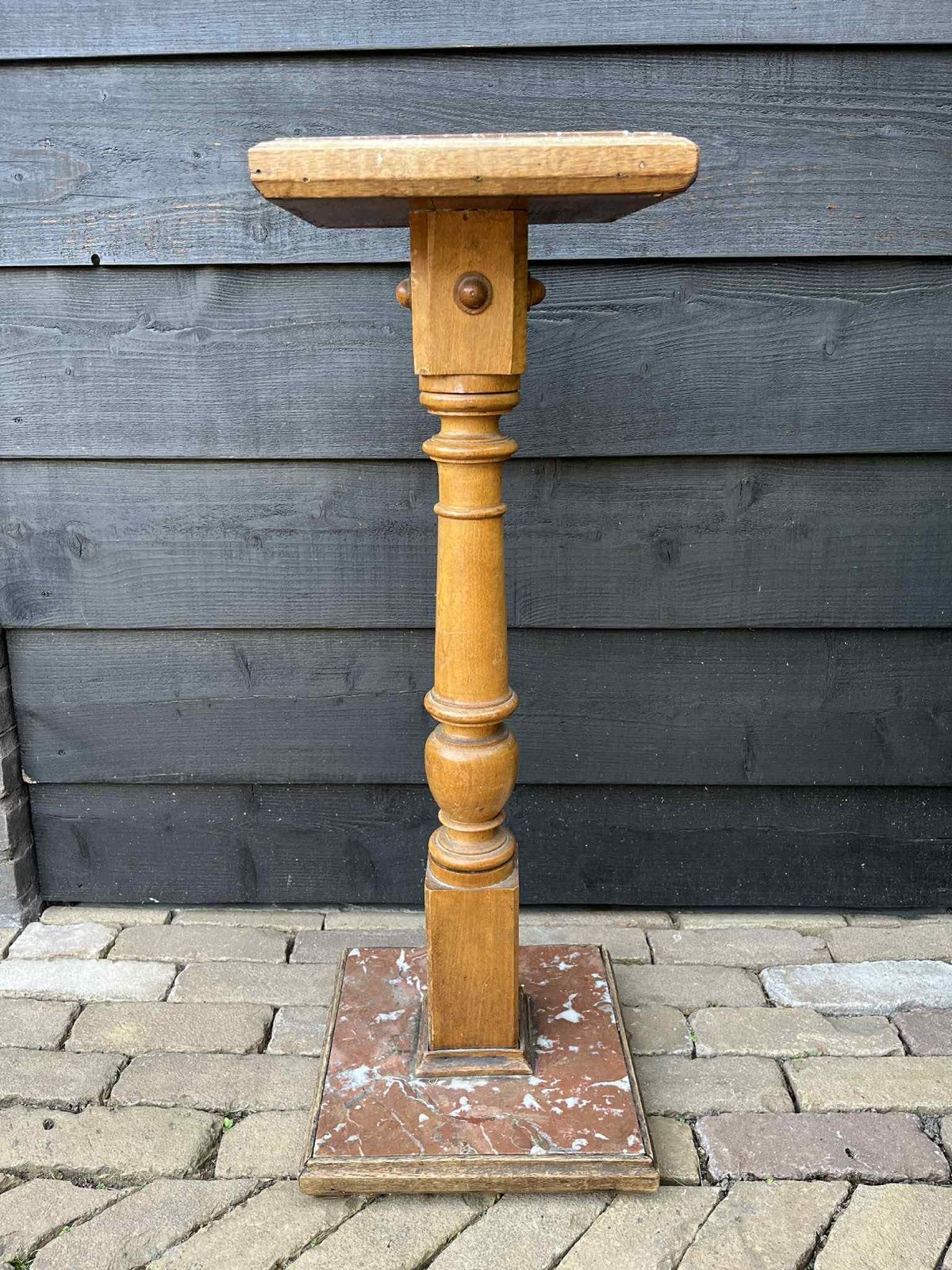 Antieke Houten Zuil met Marmeren Voet, Ophalen