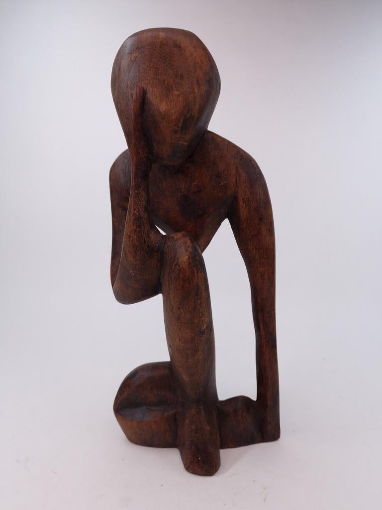 Houten beeld 'De Denker' - Jaren '70, Ophalen of Verzenden, Handgemaakt, 20 - 50 cm, Beeld