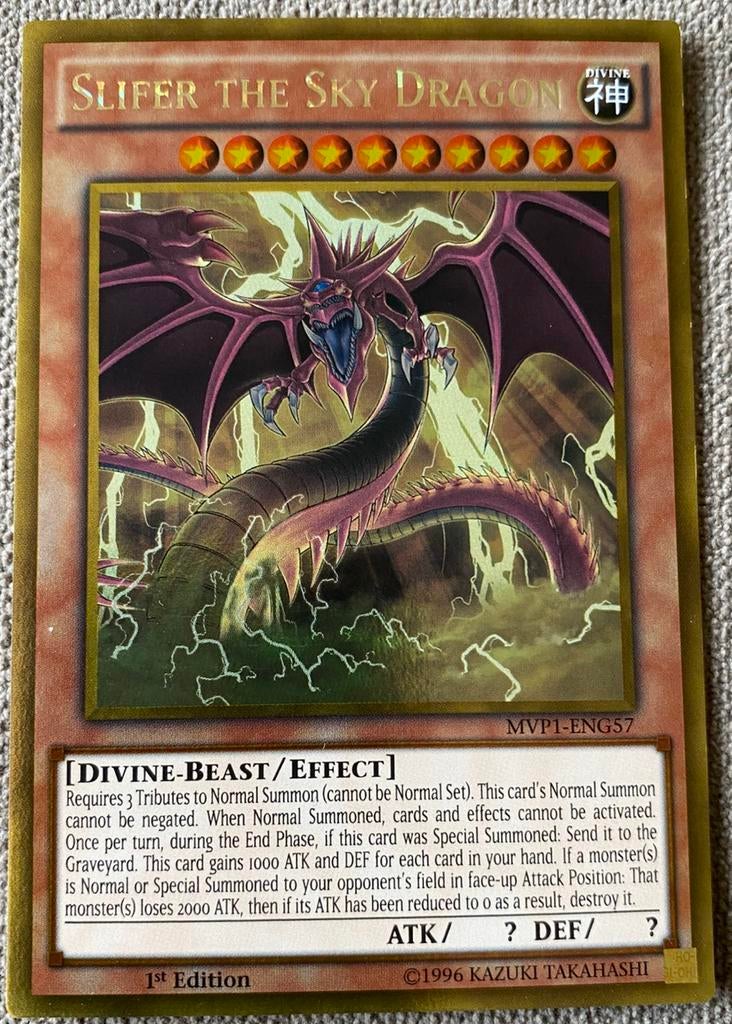 Yu-Gi-Oh! Slifer the Sky Dragon MVP1 1st Edition !, Ophalen of Verzenden, Zo goed als nieuw, Losse kaart, Foil