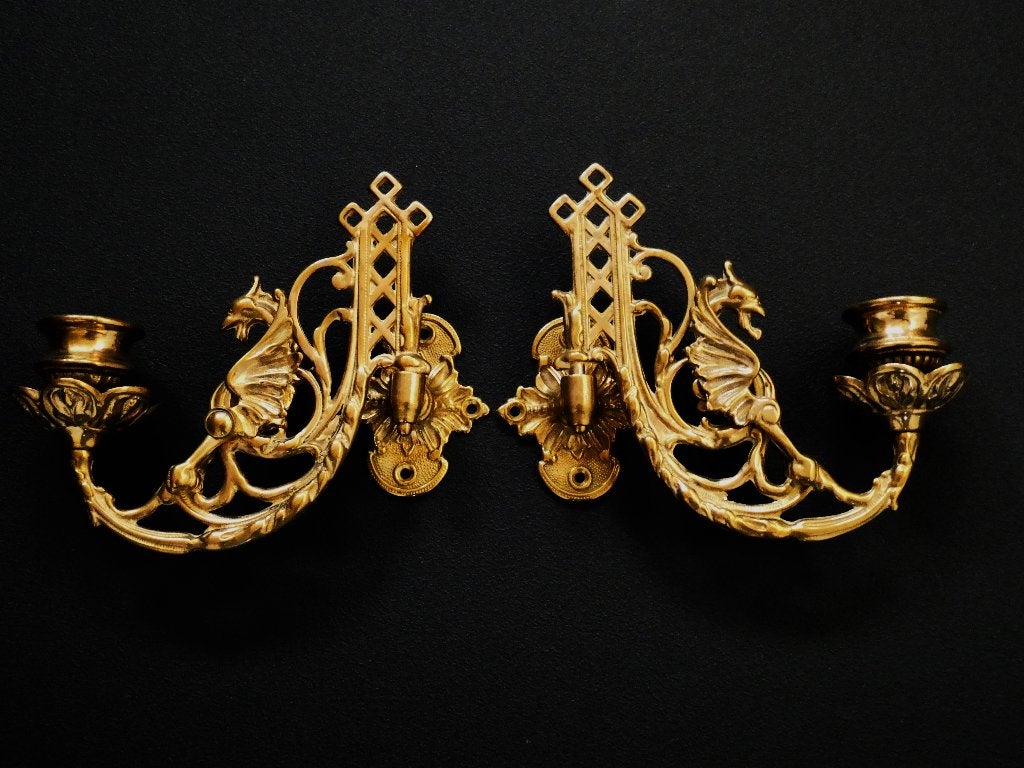 2 Wandkandelaars / pianokandelaars kandelaar met griffioen, Antiek en Kunst, Antiek | Kandelaars, Ophalen of Verzenden, Koper of Brons