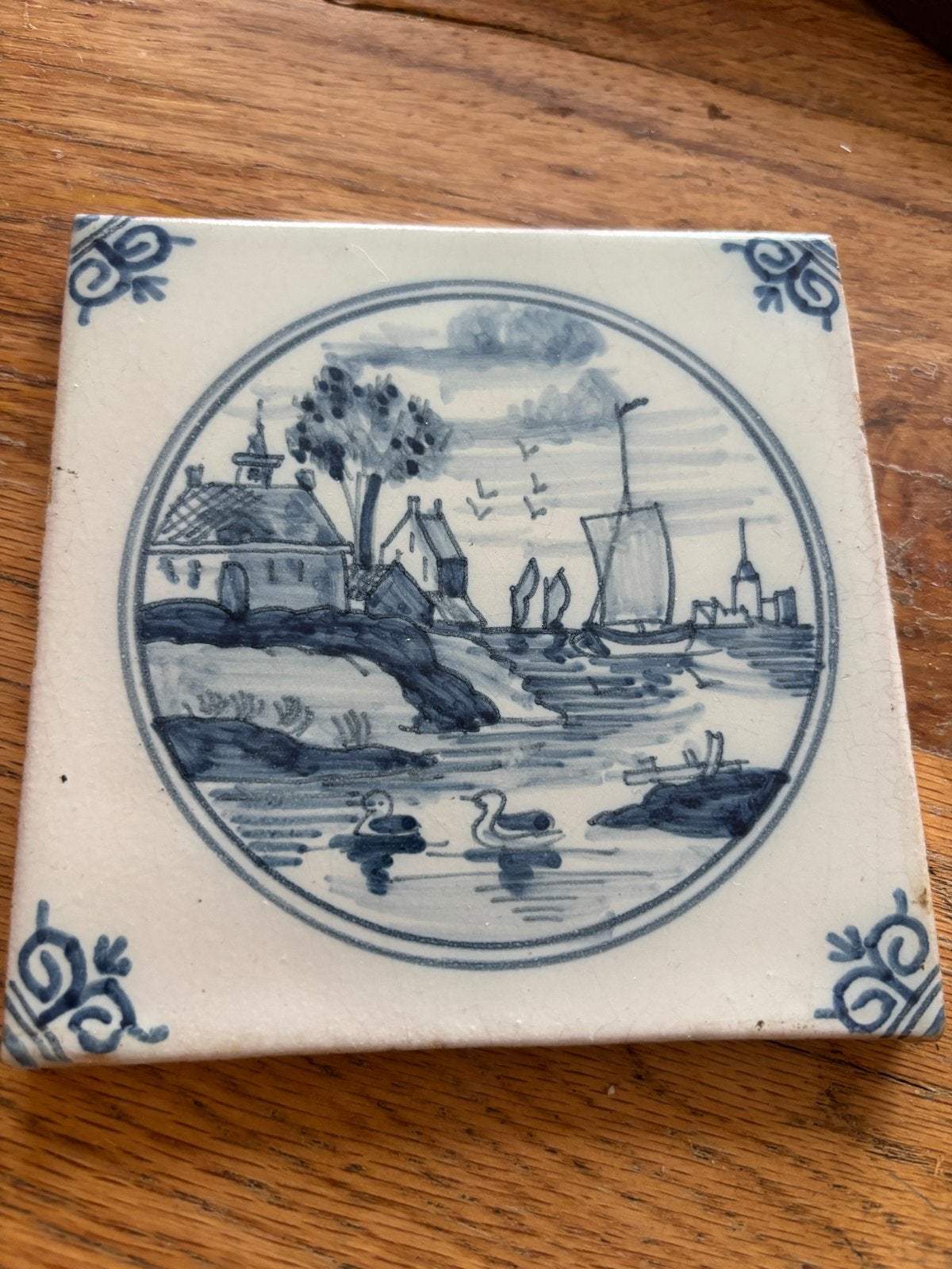 Antieke Delfts Blauwe Tegel met Hollands Landschap, Ophalen of Verzenden