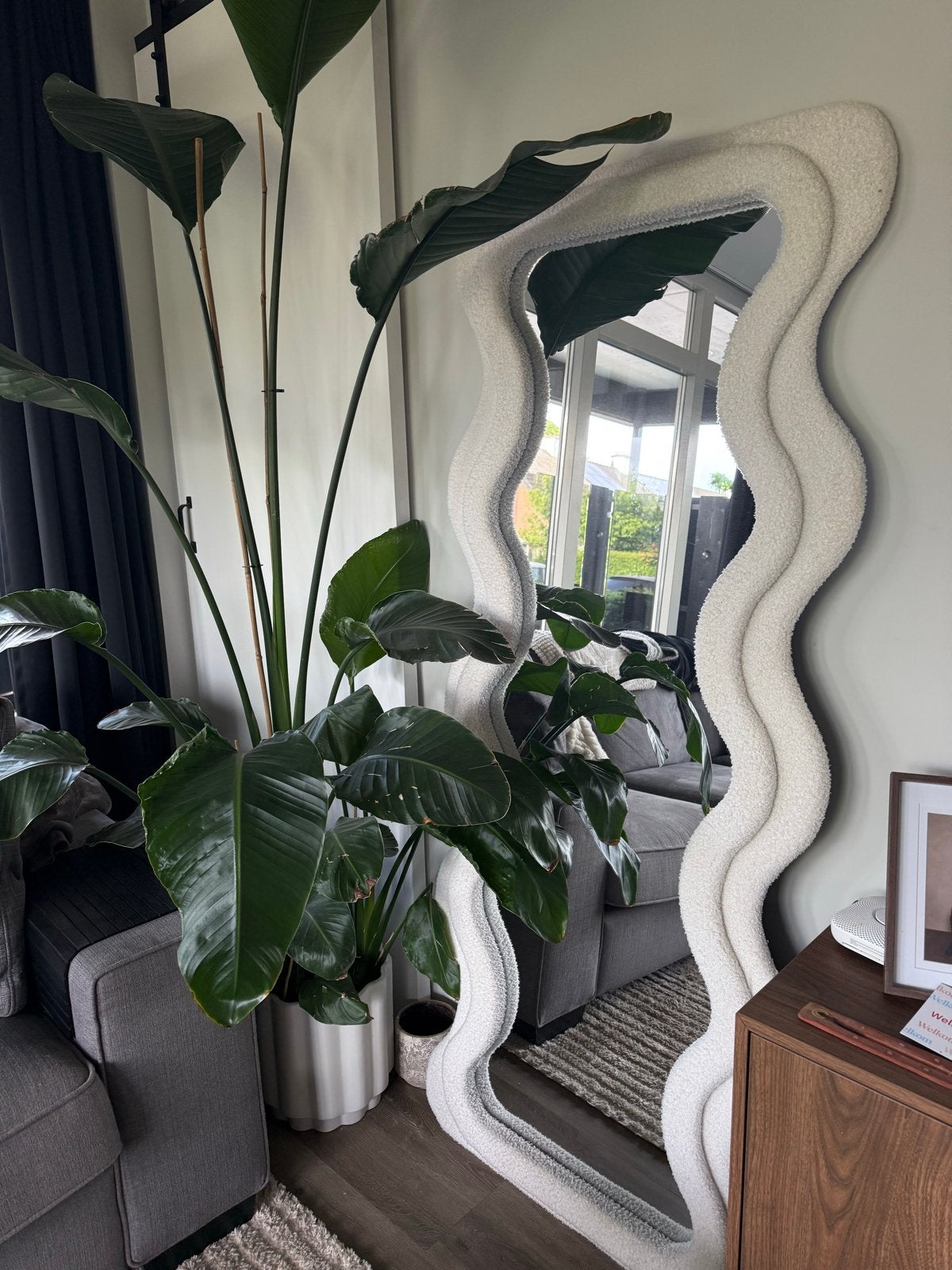 Wavy spiegel met teddy stof kwantum, Huis en Inrichting, Woonaccessoires | Spiegels, Zo goed als nieuw, 75 tot 100 cm, 150 tot 200 cm