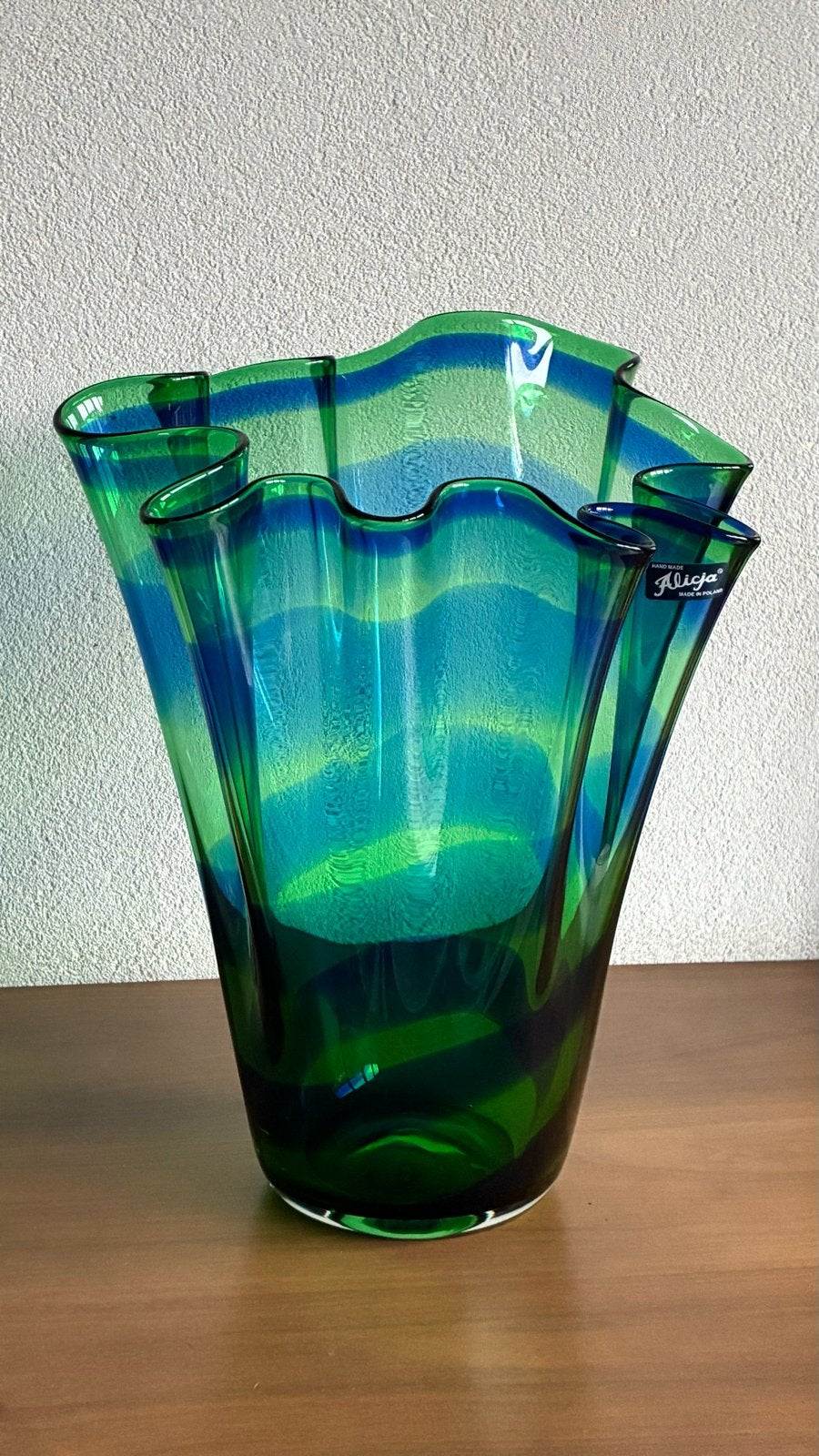 Alicja Handgemaakte Groen/Blauwe Glazen Vaas, Ophalen of Verzenden