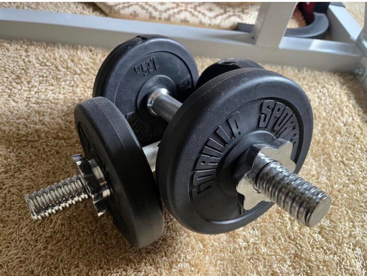 Gorilla Sports dumbell/halter set (halterschijven en -stang), Ophalen of Verzenden, Zo goed als nieuw