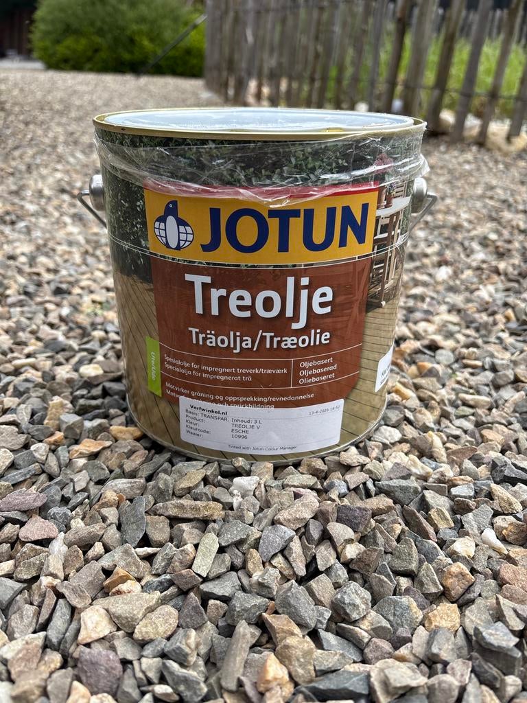 Jotun Treolje olie 3 liter kleur 10996 esche, Doe-het-zelf en Verbouw, Verf, Beits en Lak, Ophalen, Overige kleuren, Beits, Zo goed als nieuw