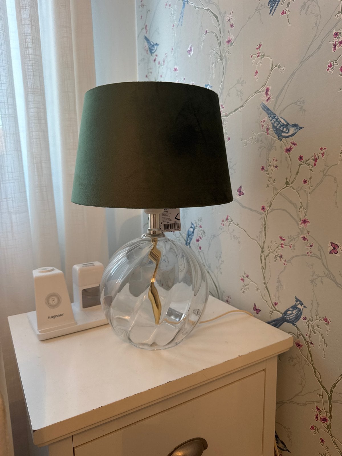 Moderne tafellamp met glazen voet en groene kap, Ophalen, Groen, E27 (groot), Met kap