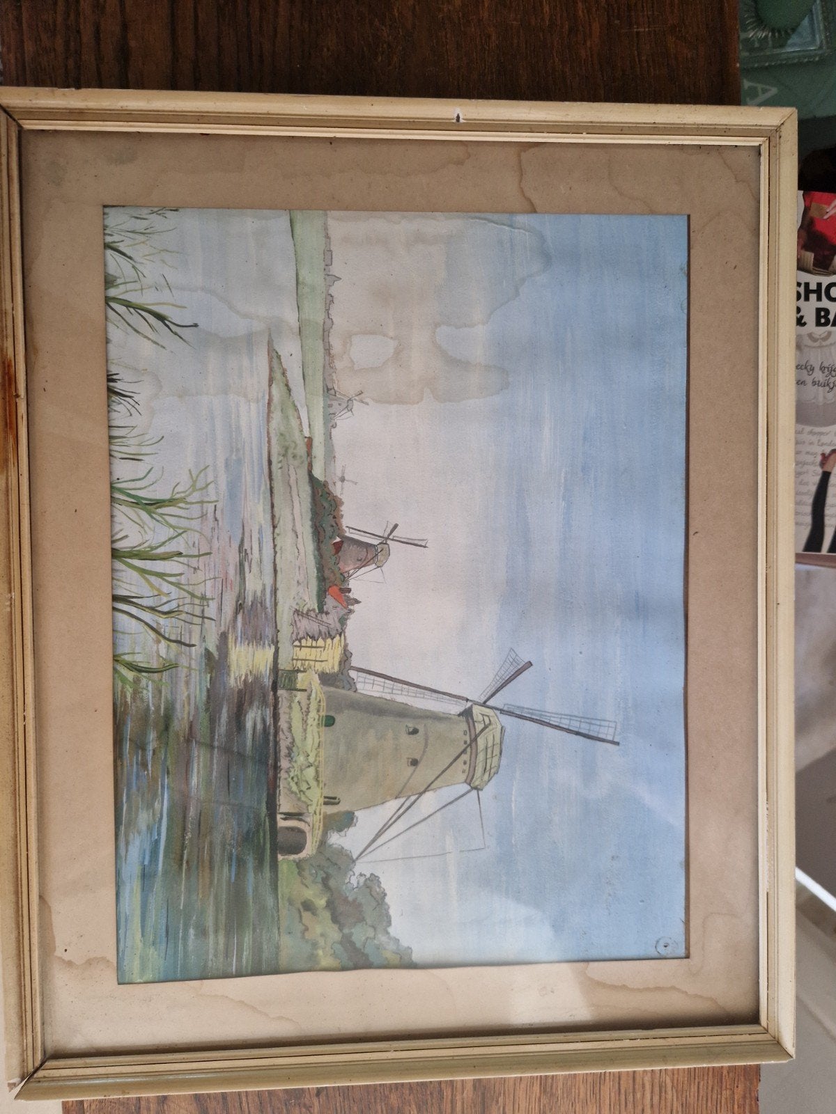 Oude aquarel van Hollandse molens aan het water, Antiek en Kunst, Achter glas, Ophalen of Verzenden, Landschap, Papier