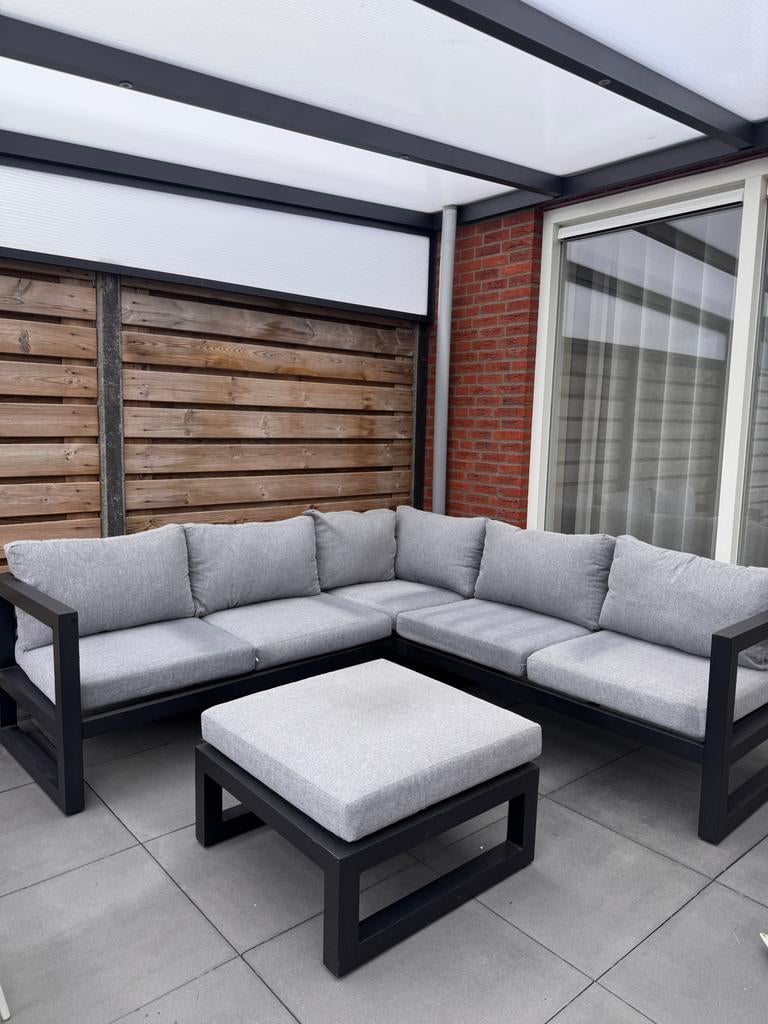 Loungeset hoekbank grijs/zwart inclusief tafeltje, Tuin en Terras, Tuinsets en Loungesets, Ophalen, Zo goed als nieuw, Kunststof