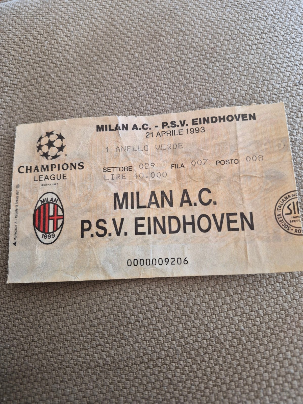 Ticket AC Milan - PSV, Ophalen of Verzenden, Gebruikt, PSV, Overige typen