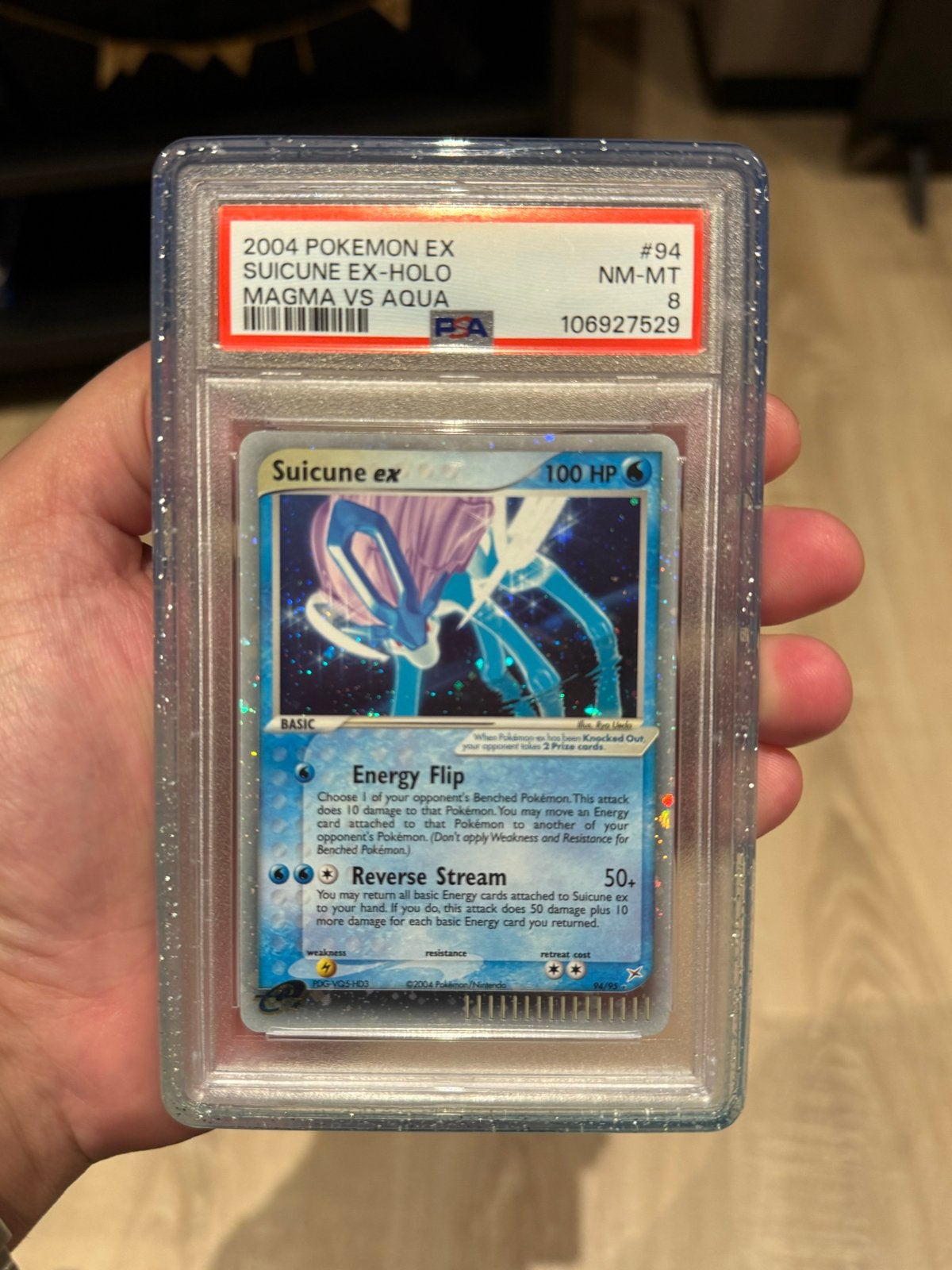 2004 Pokémon Suicune ex Holo PSA 8 NM-MT Magma vs Aqua, Ophalen of Verzenden, Zo goed als nieuw, Losse kaart, Foil