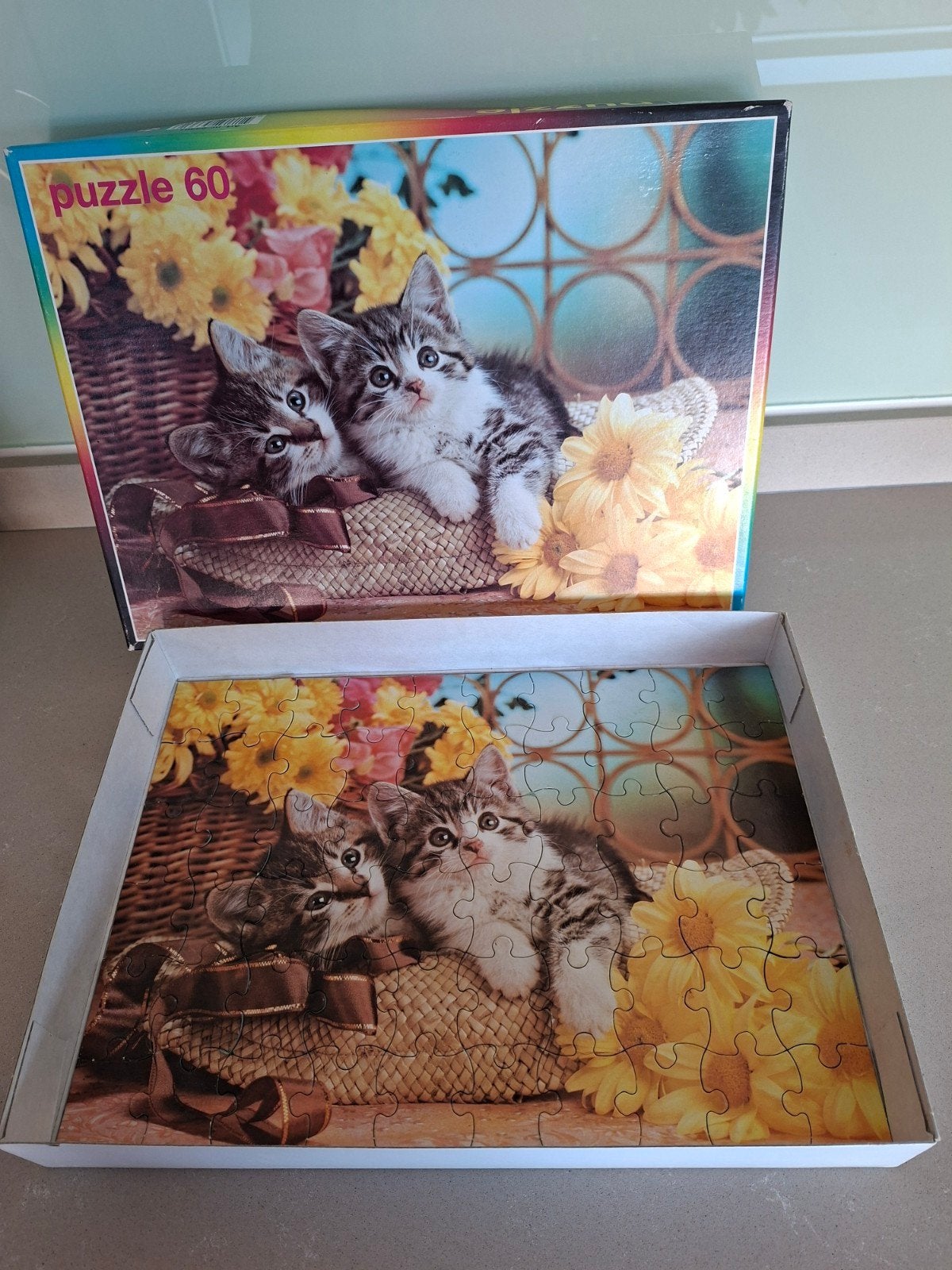Leuke puzzel met kittens - 60 stukjes, Ophalen of Verzenden, Minder dan 500 stukjes, Gebruikt, Legpuzzel