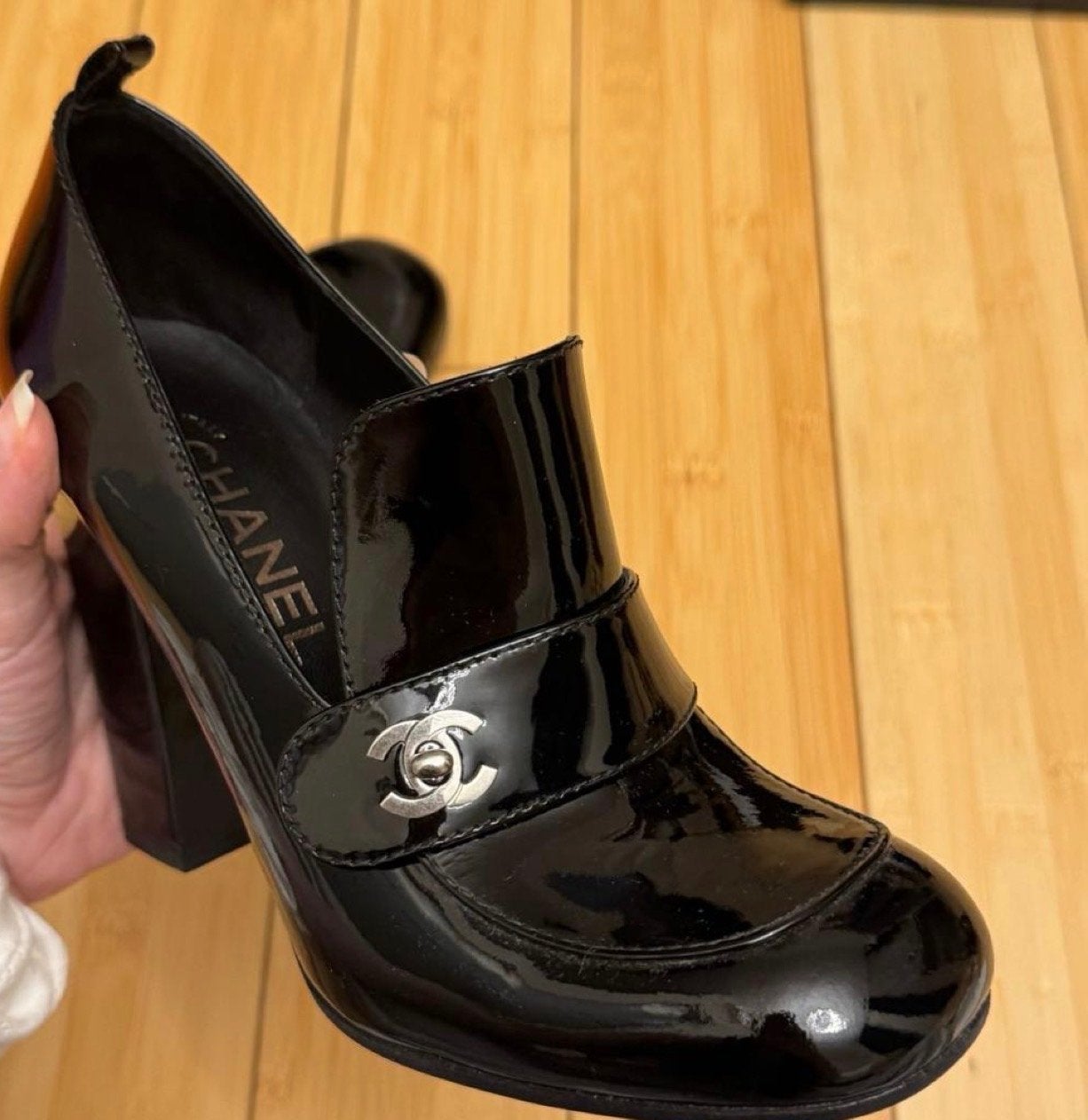 Chanel Leren Pumps met Hak - Zwart Lakleer Maat 38, Ophalen of Verzenden, Zo goed als nieuw, Zwart, Pumps