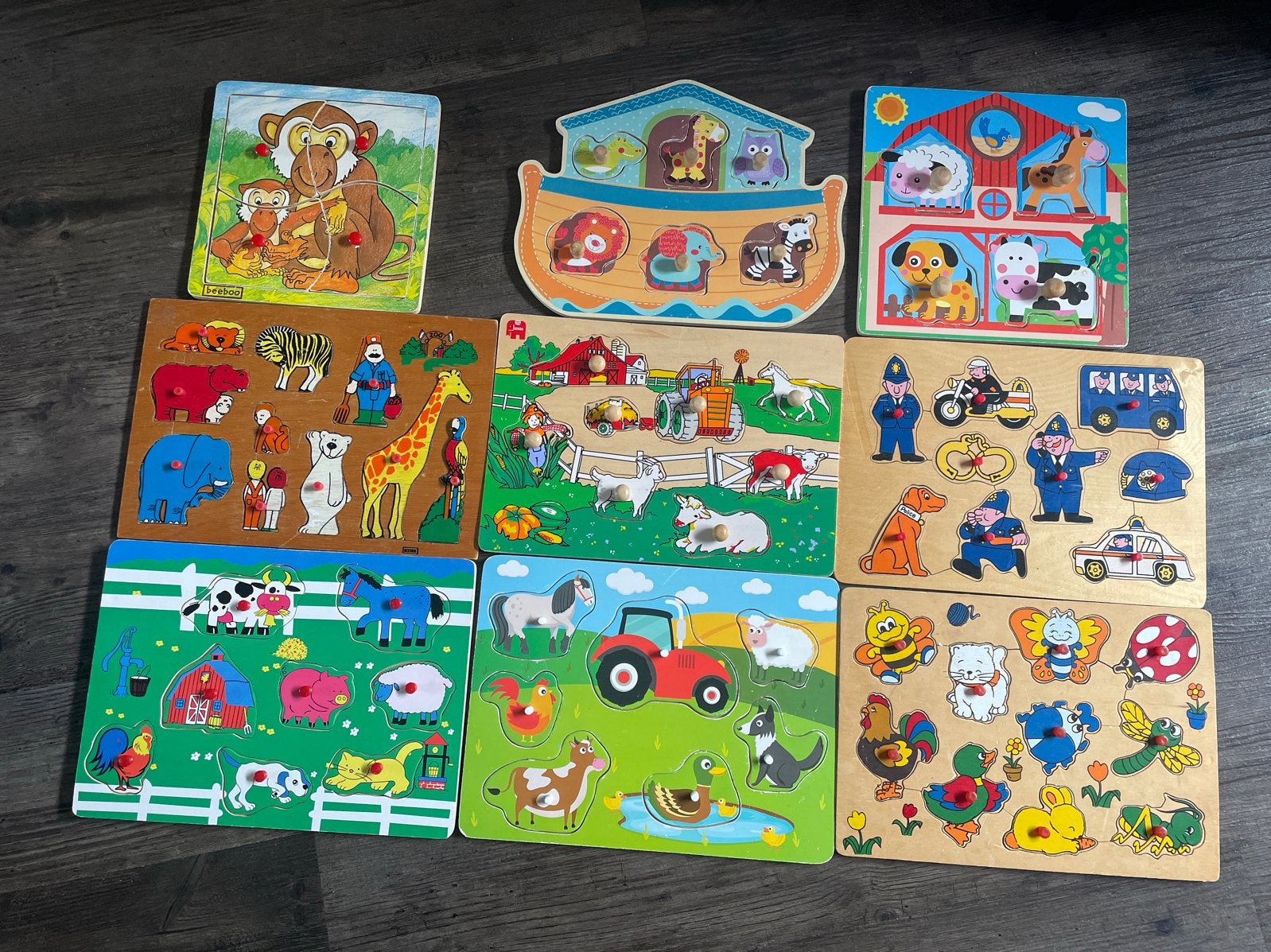 9 Houten noppenpuzzels - Boerderij, Dieren, Politie, Ophalen, Gebruikt, Van hout, Minder dan 10 stukjes
