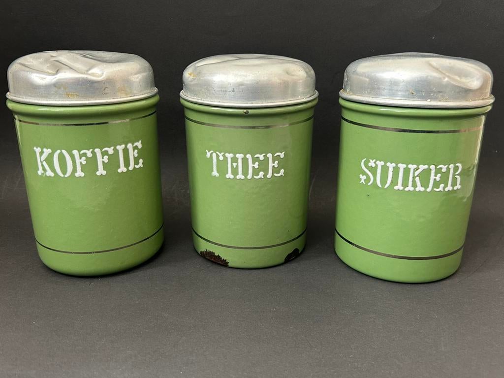 Reseda Groene Koffie, Thee & Suiker Voorraadbussen BK, Antiek en Kunst, Antiek | Emaille, Ophalen of Verzenden