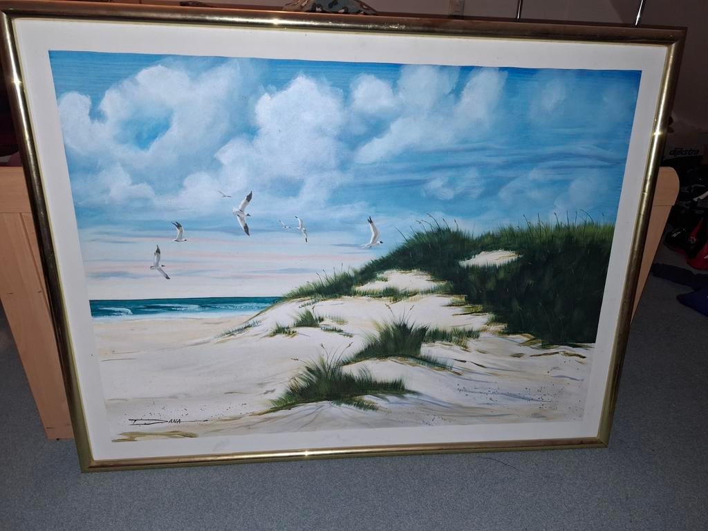 Groot schilderij strandgezicht met duinen en meeuwen, Ophalen