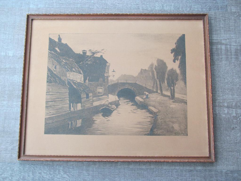 Ype Wenning (1879-1959) - bruggetje in Oudewater, Antiek en Kunst, Ingelijst, Stadsgezicht, 47 cm, Ophalen of Verzenden