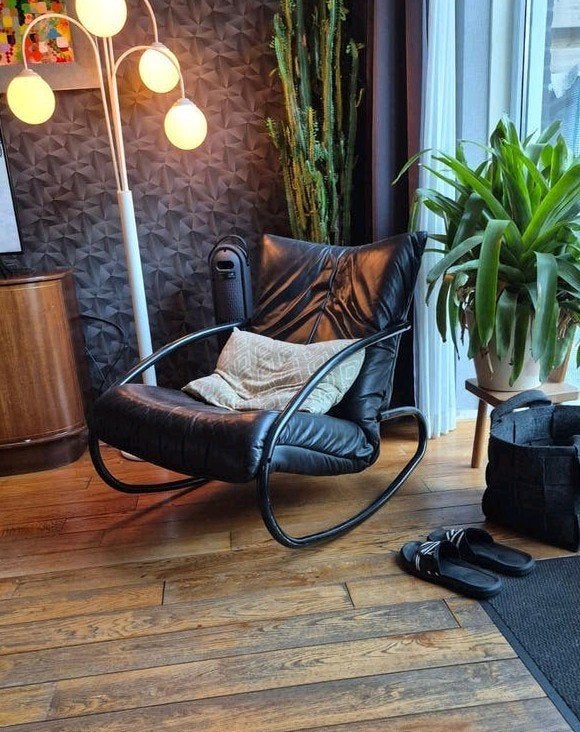 Design Schommelstoel 'Lisa' -Stefan Heiliger  Strässle, Huis en Inrichting, Fauteuils, Ophalen, Gebruikt, Jaren 80, Leer