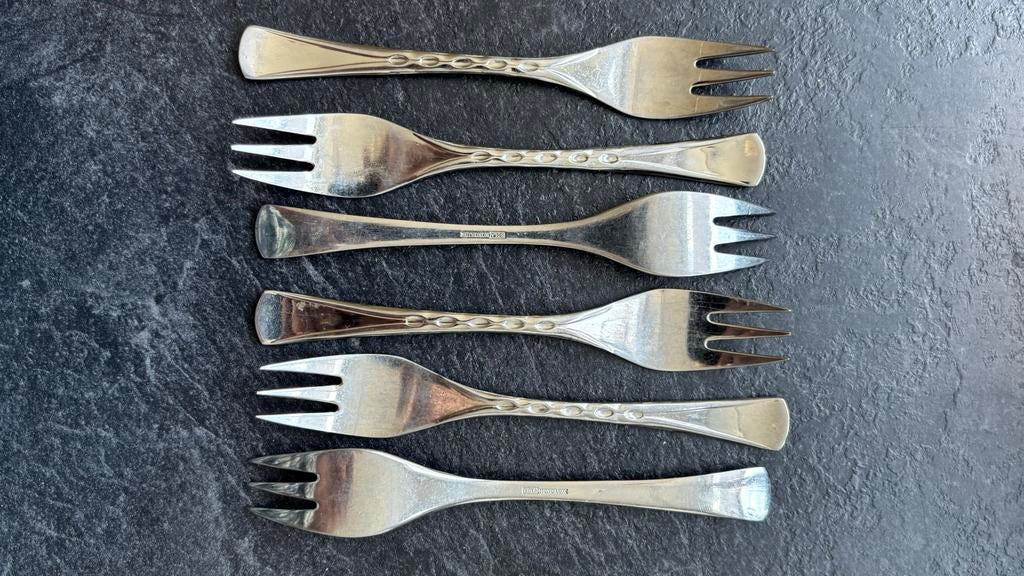 Set van 6 vintage Sola Monolux gebaksvorkjes, Antiek en Kunst, Ophalen of Verzenden
