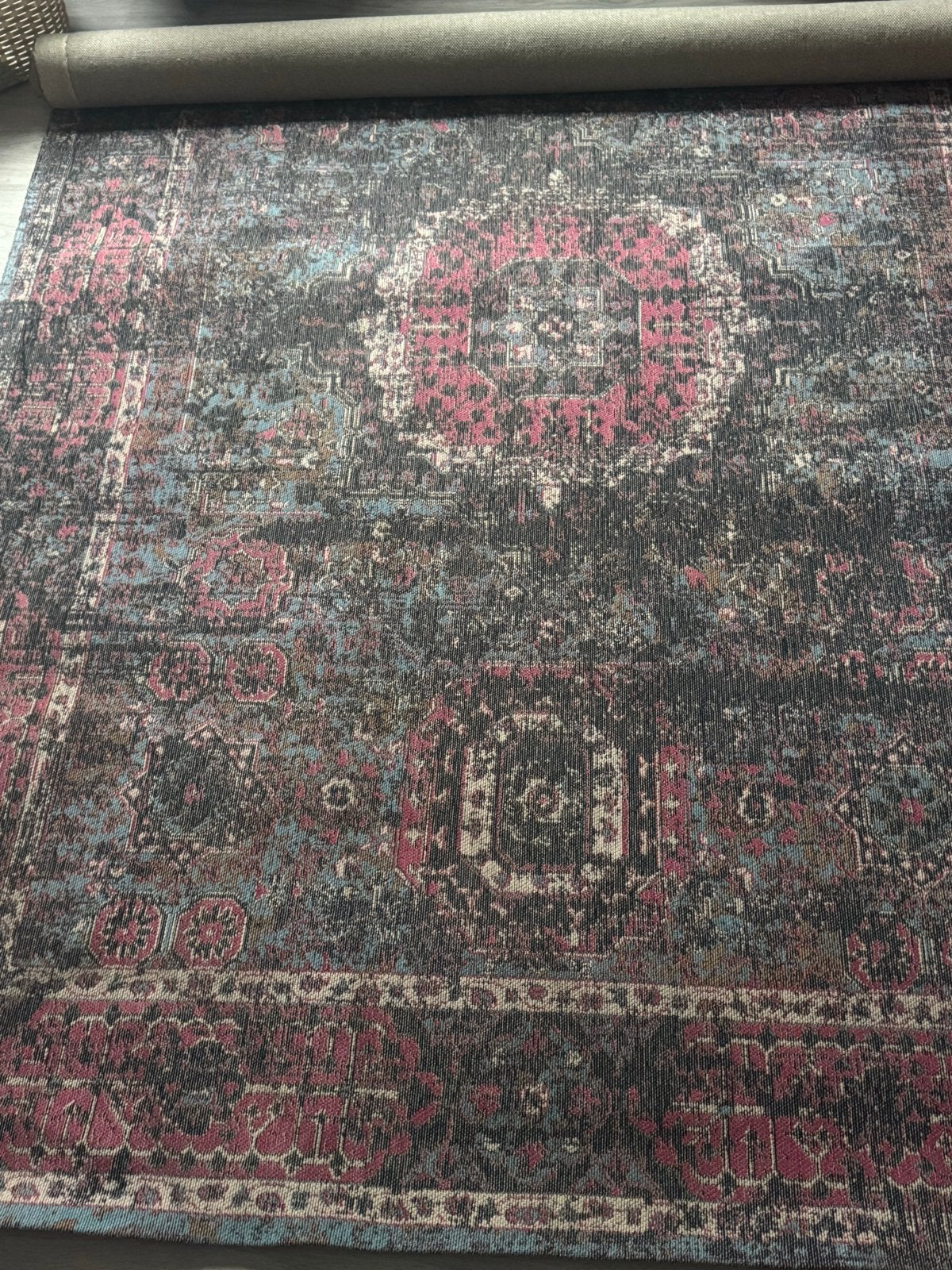 Vintage Patchwork Vloerkleed - Grijs/Zwart/Beige, Ophalen, 100 tot 150 cm, Zo goed als nieuw, 150 tot 200 cm