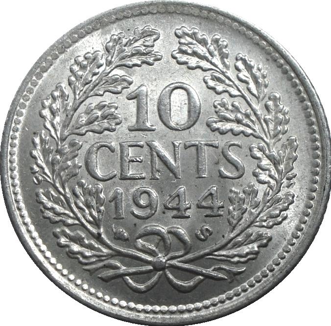 Nederland 10 cent 1944 (S, UNC, zilver), Zilver, Ophalen of Verzenden, 10 cent, Koningin Wilhelmina