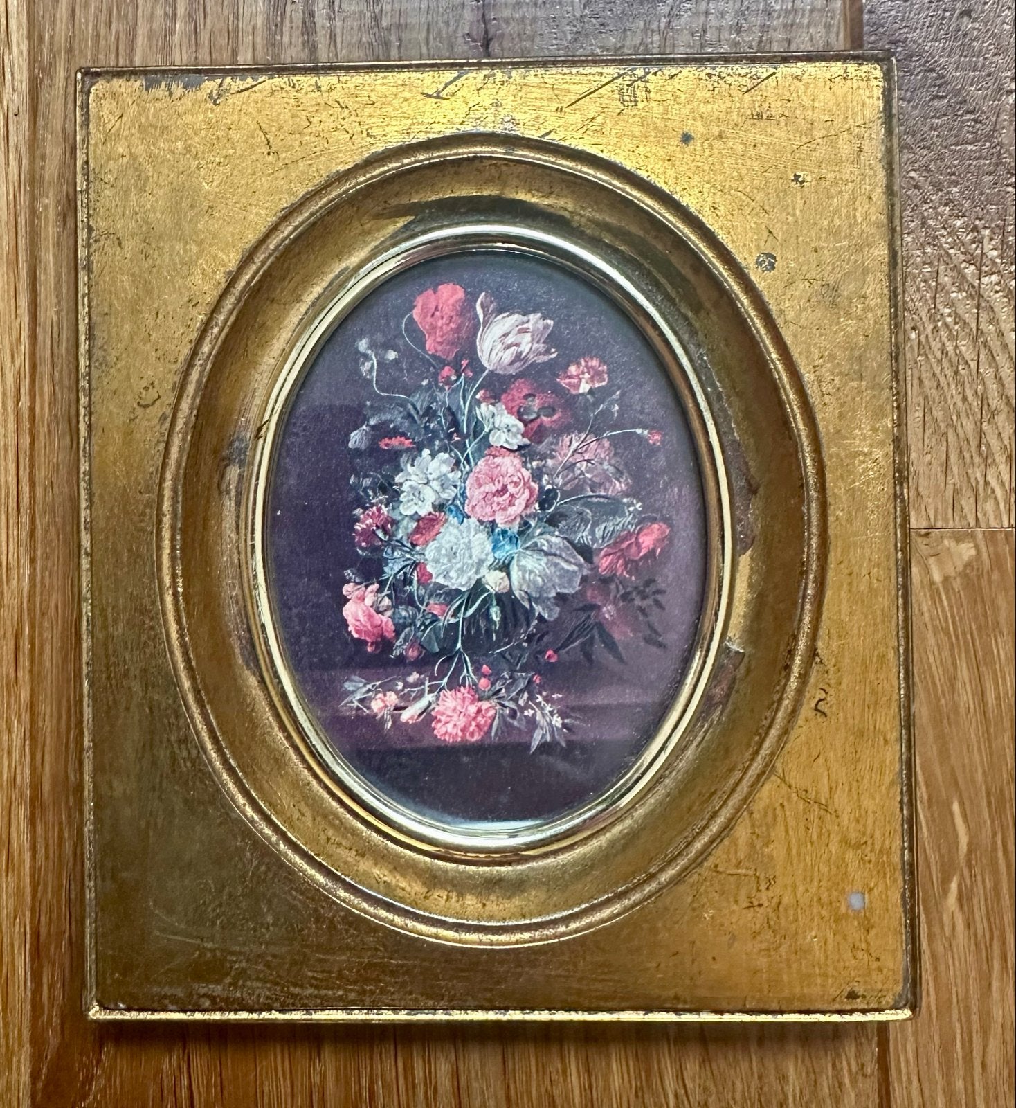 Vintage Italiaans bloemstilleven in ovale lijst, Antiek en Kunst, Ophalen of Verzenden