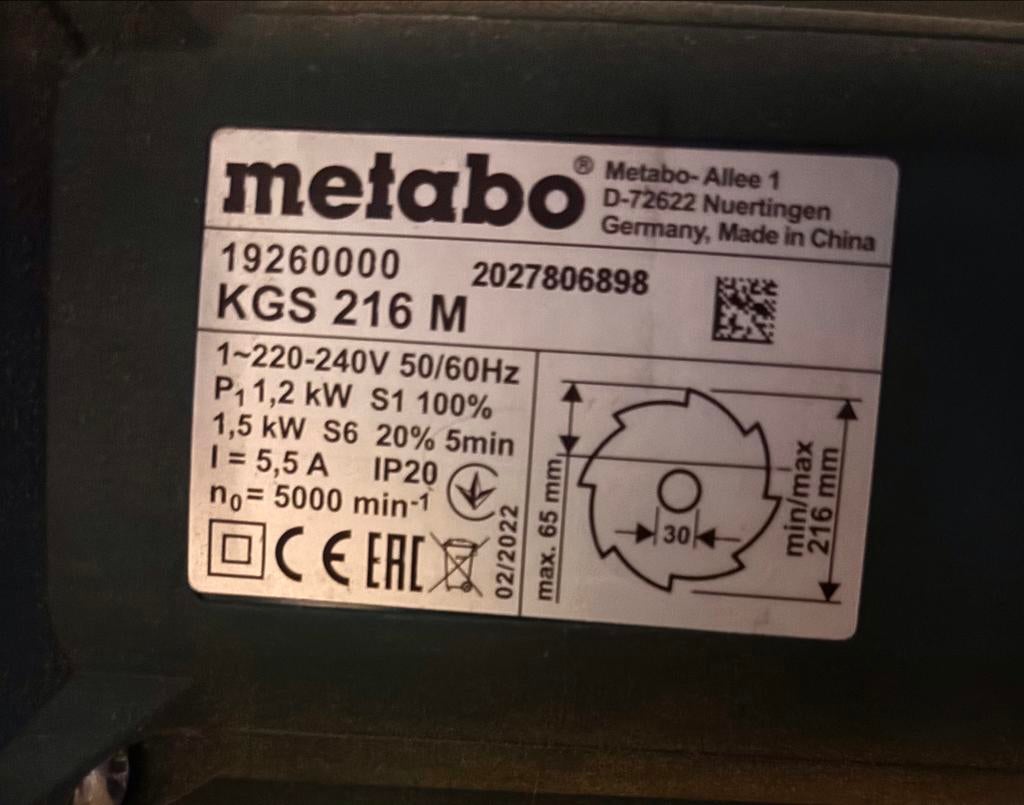 Metabo KGS 216 M Afkortzaag  (2024) met  onderstel, Doe-het-zelf en Verbouw, Ophalen, Gebruikt, Afkortzaag, 30 tot 70 mm