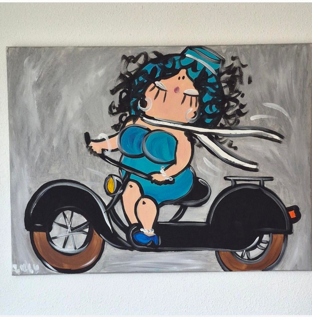Schilderij dikke dame op fiets, Antiek en Kunst, Ophalen