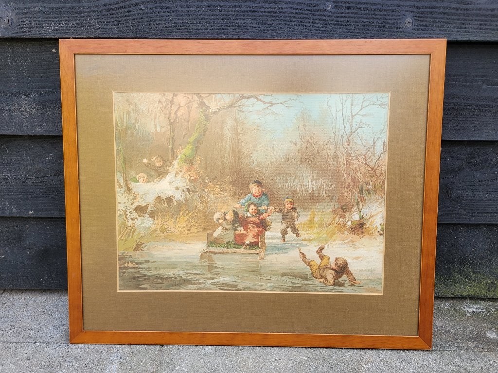 Leuk kijkschilderij met winters tafereel ingelijst, Ophalen, Portret of Personen, Oud hollands, Overige ondergronden