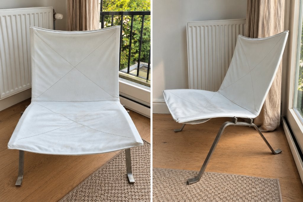 Witte fauteuil - echt leer (replica PK22 Poul Kjærholm), Ophalen, Gebruikt, Modern design / Minimalistisch, 75 tot 100 cm