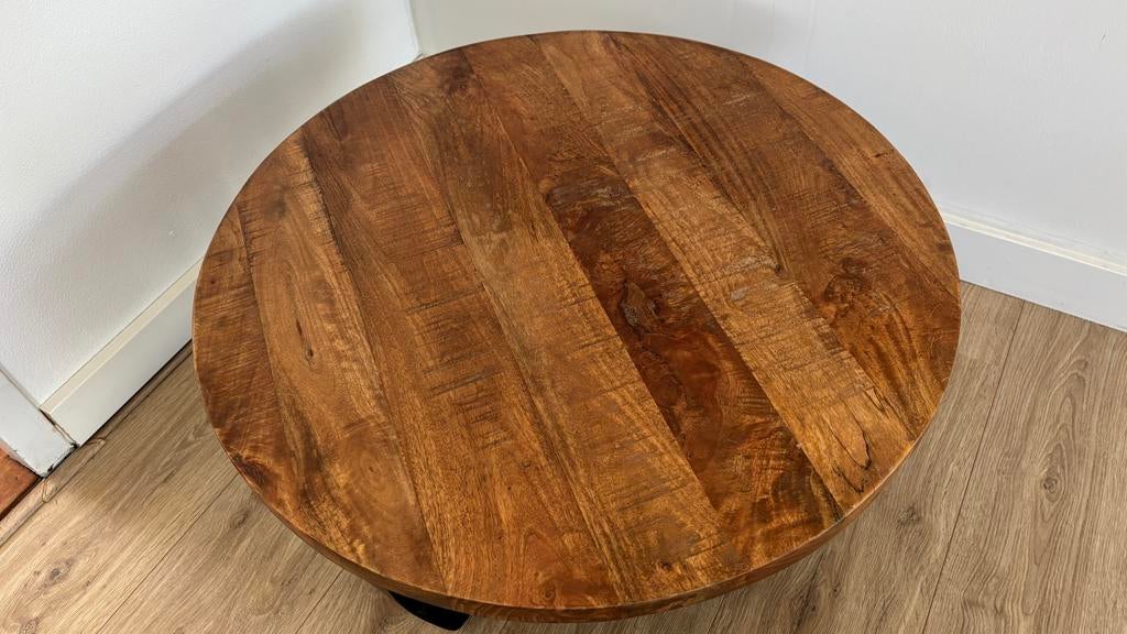 Ronde mangohouten salontafel - Ø 70 cm, H 35,5 cm, Huis en Inrichting, Ophalen, Gebruikt, Rond, 50 tot 100 cm