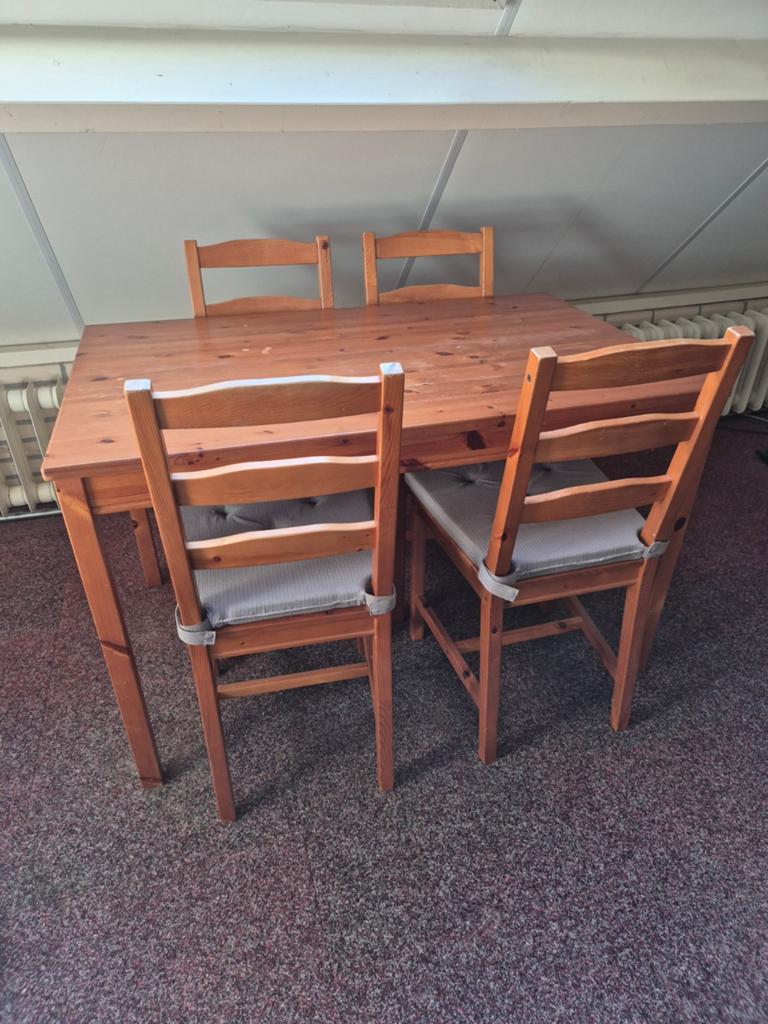 Eethoek met 4 stoelen - Grenenhout, Huis en Inrichting, Ophalen, Gebruikt, 100 tot 150 cm, 50 tot 100 cm