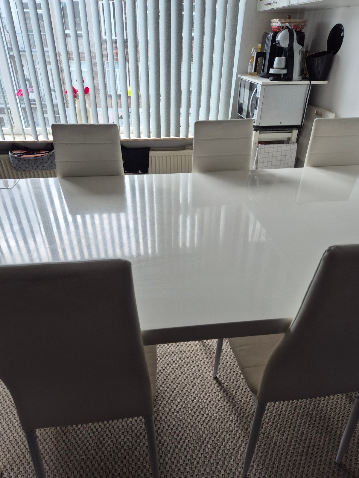 Zwarte eettafel met 6 leren stoelen en salontafel, Ophalen, Gebruikt, Vijf personen of meer, Overige materialen