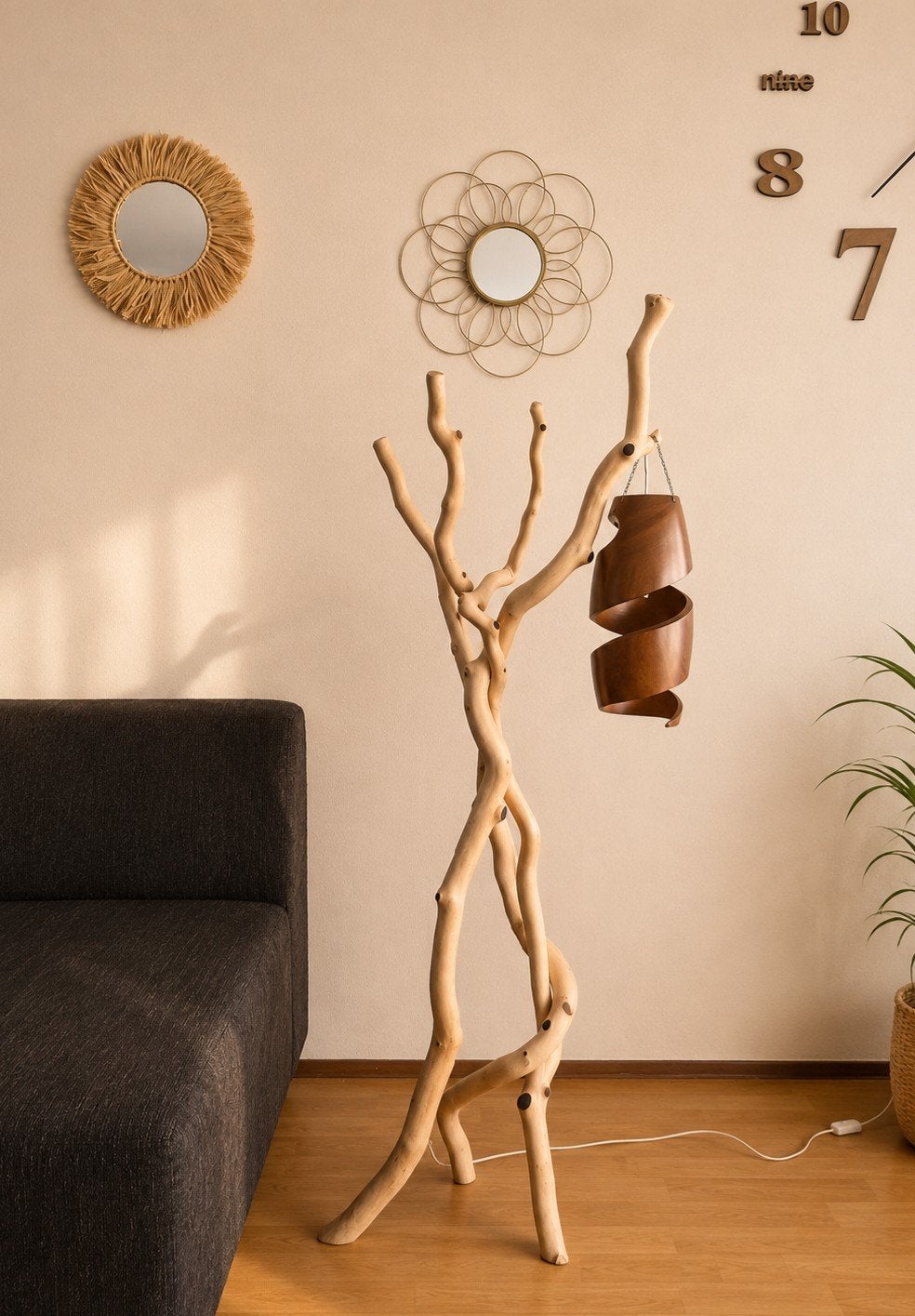Exclusieve handgemaakte boomtak vloerlamp, design, 100 tot 150 cm, Boho, Scandinavisch, Landelijk, Rustiek, Design, Ophalen of Verzenden