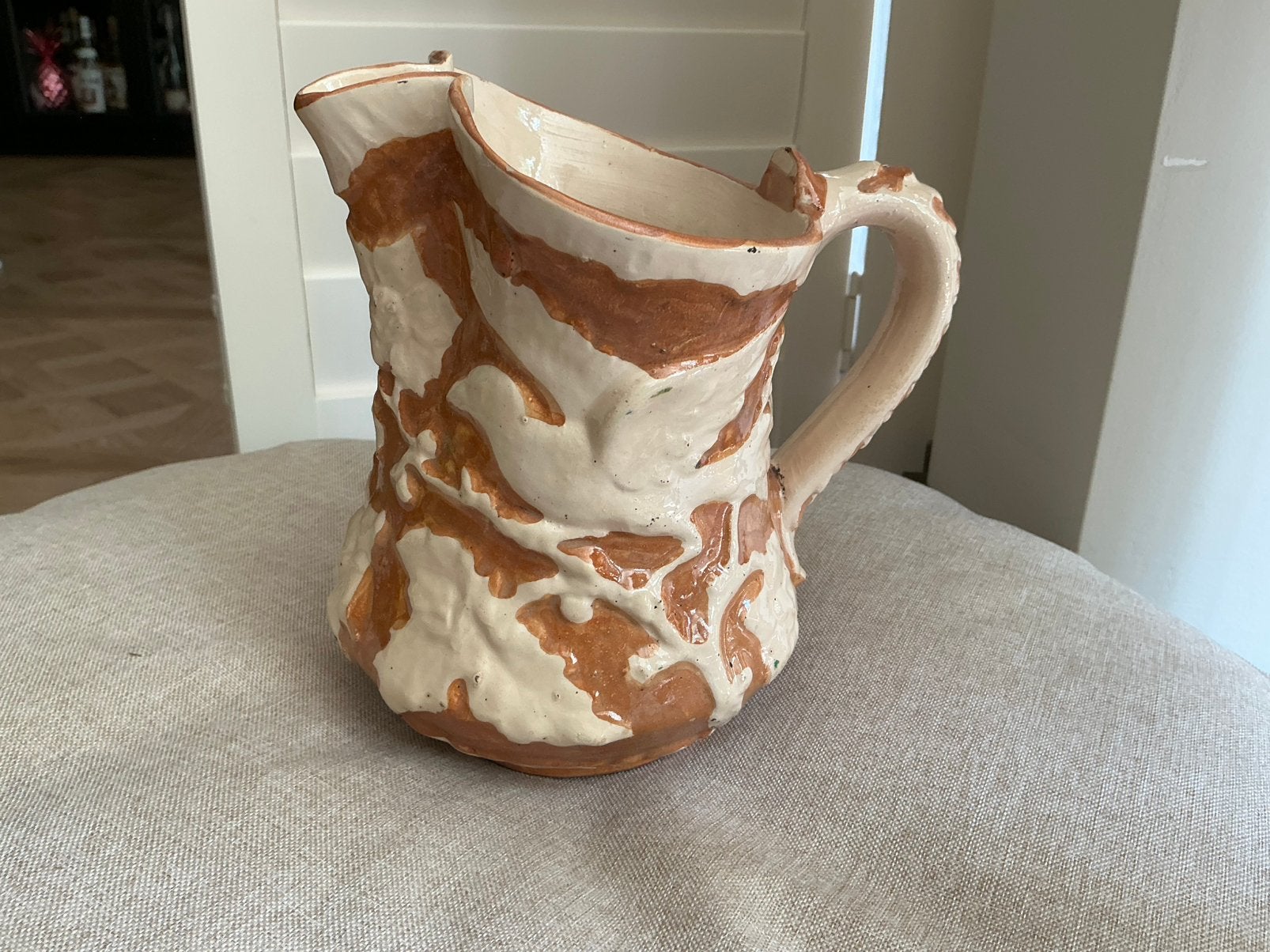 Brocante kan,pot,jug,,aardewerk oude waterkan,vaas met vogel, Verzenden