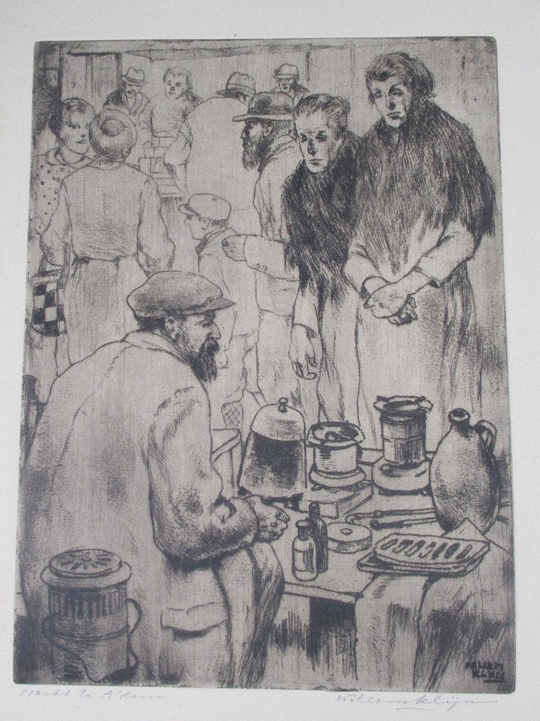 Ets Waterlooplein Amsterdam Willem Klijn ( 1892 - 1961 ), Dagelijks leven, Ets, Ophalen of Verzenden, Gesigneerd