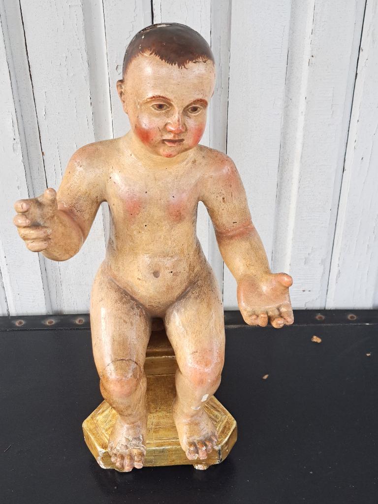 Antieke Putty op vergulde sokkel, Handgemaakt, Beeld, Hout, Europa