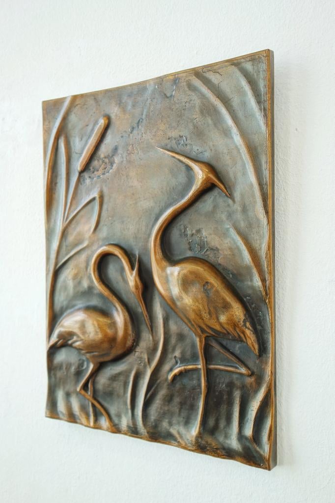 Vintage wandreliëf brons reigers kraanvogels wanddecoratie, Scandinavisch, Ophalen of Verzenden, Gebruikt, Decoratieobject