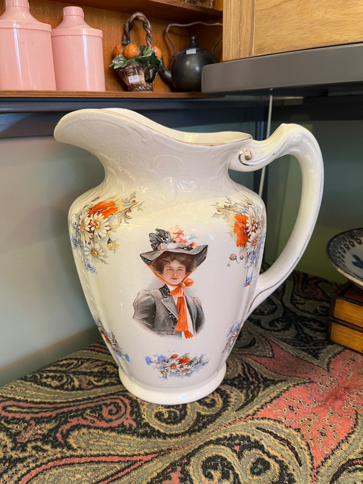 Grote kan met portret vrouw ️, Antiek en Kunst, Curiosa en Brocante, Ophalen