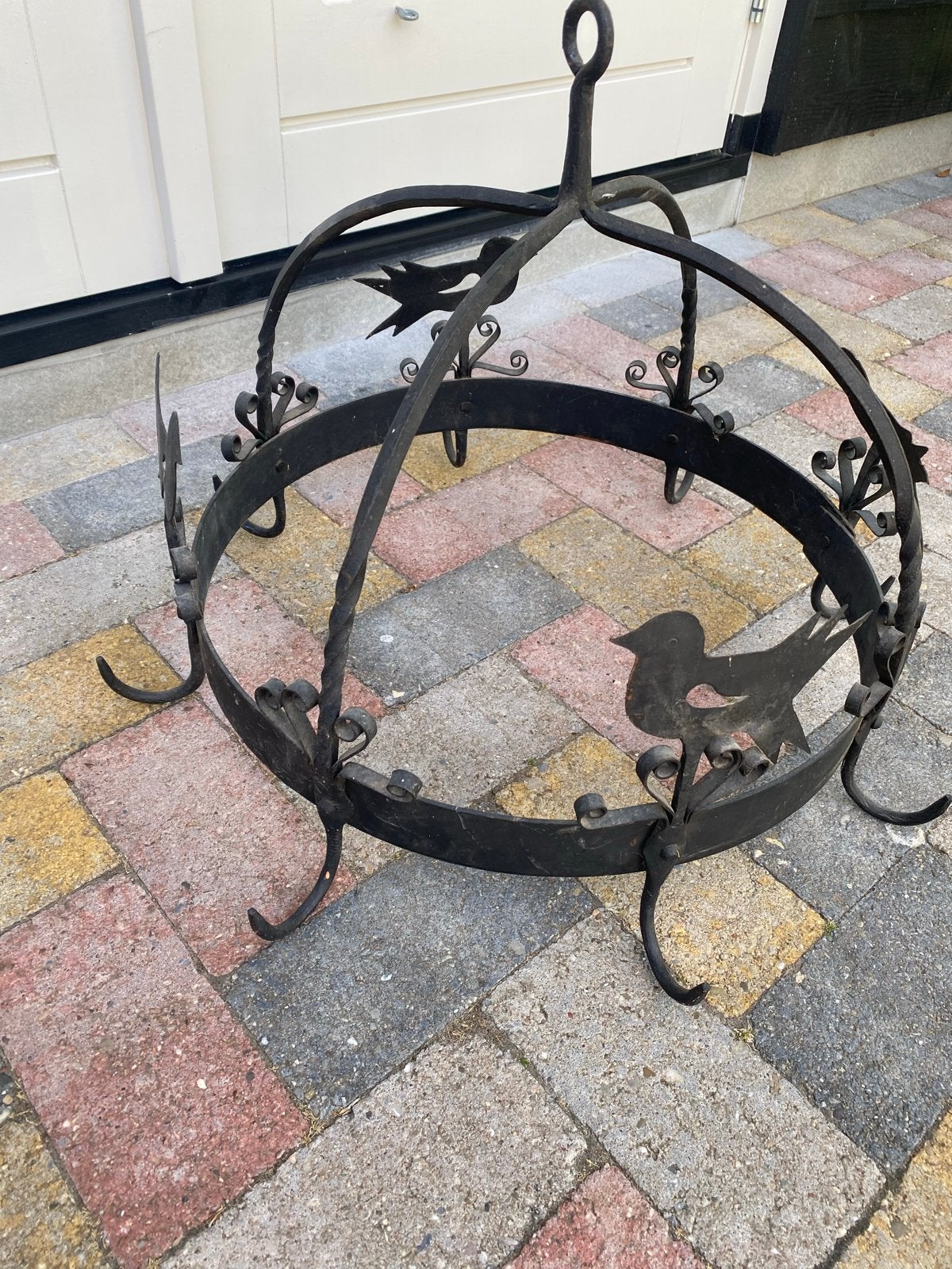 Brocante pannenrek met 8 haken en vogeldecoratie, Ophalen