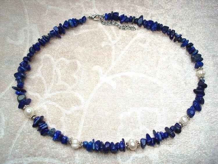 Ketting van lapis lazuli met echte parels, Sieraden, Tassen en Uiterlijk, Kettingen, Zo goed als nieuw, Steen of Mineraal, Blauw