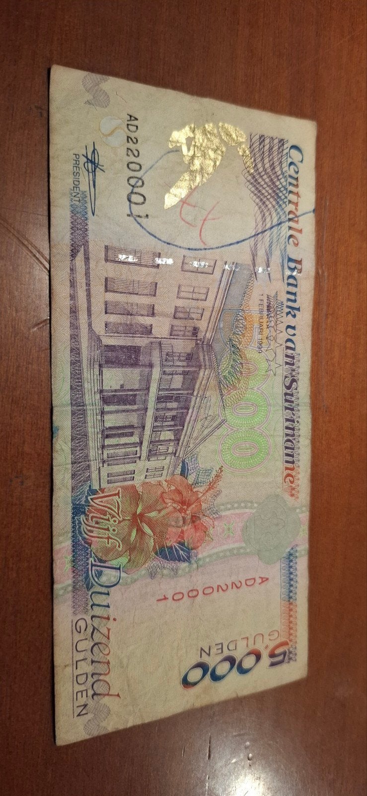 5000 Gulden biljet Suriname 1989, Postzegels en Munten, Ophalen of Verzenden, Zuid-Amerika, Los biljet