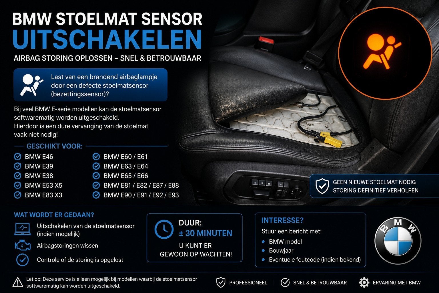 BMW Stoelmat Sensor Uitschakelen (Airbag Storing) – E-serie, Ophalen, Nieuw, BMW