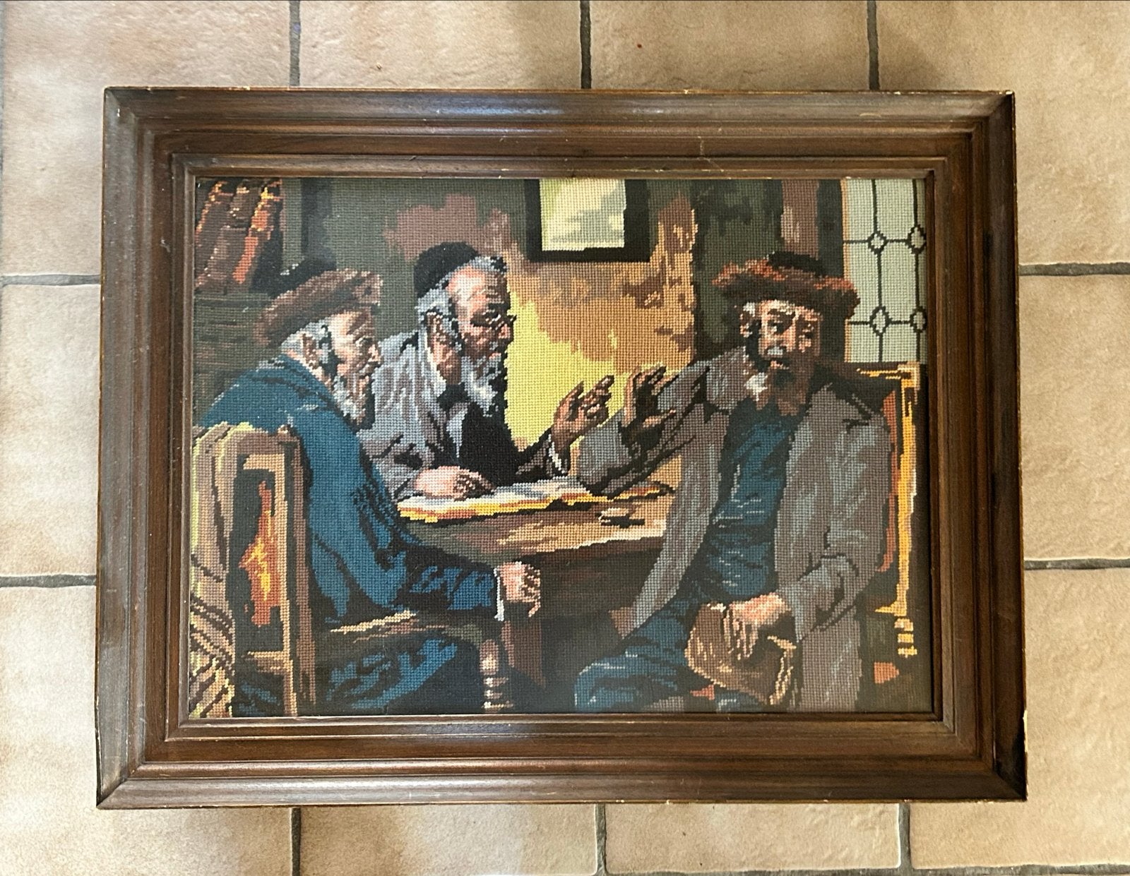 Vintage Borduur Schilderij met Lijst - Joodse Scène, Ophalen