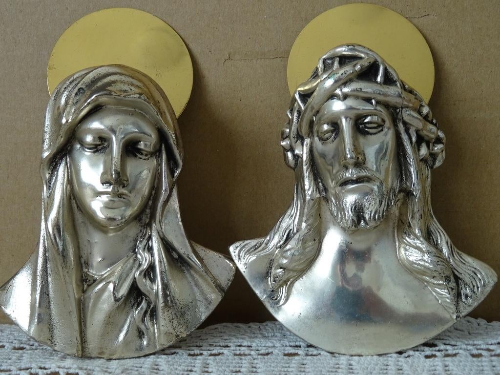 Stel antieke of vintage plaquettes reliëfs Maria Jezus 14cm, Antiek en Kunst, Antiek | Religie, Ophalen of Verzenden