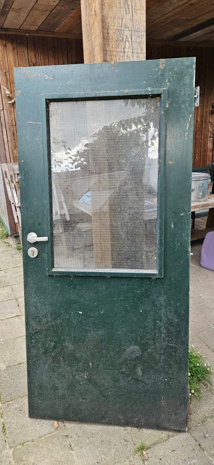 Gebruikte groene buitendeur met glas en slot, Ophalen, Gebruikt, 80 tot 100 cm, Minder dan 200 cm
