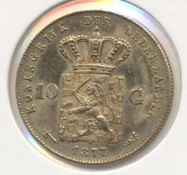 Nederland gouden tientje 1877 Willem 3, Ophalen of Verzenden, Goud
