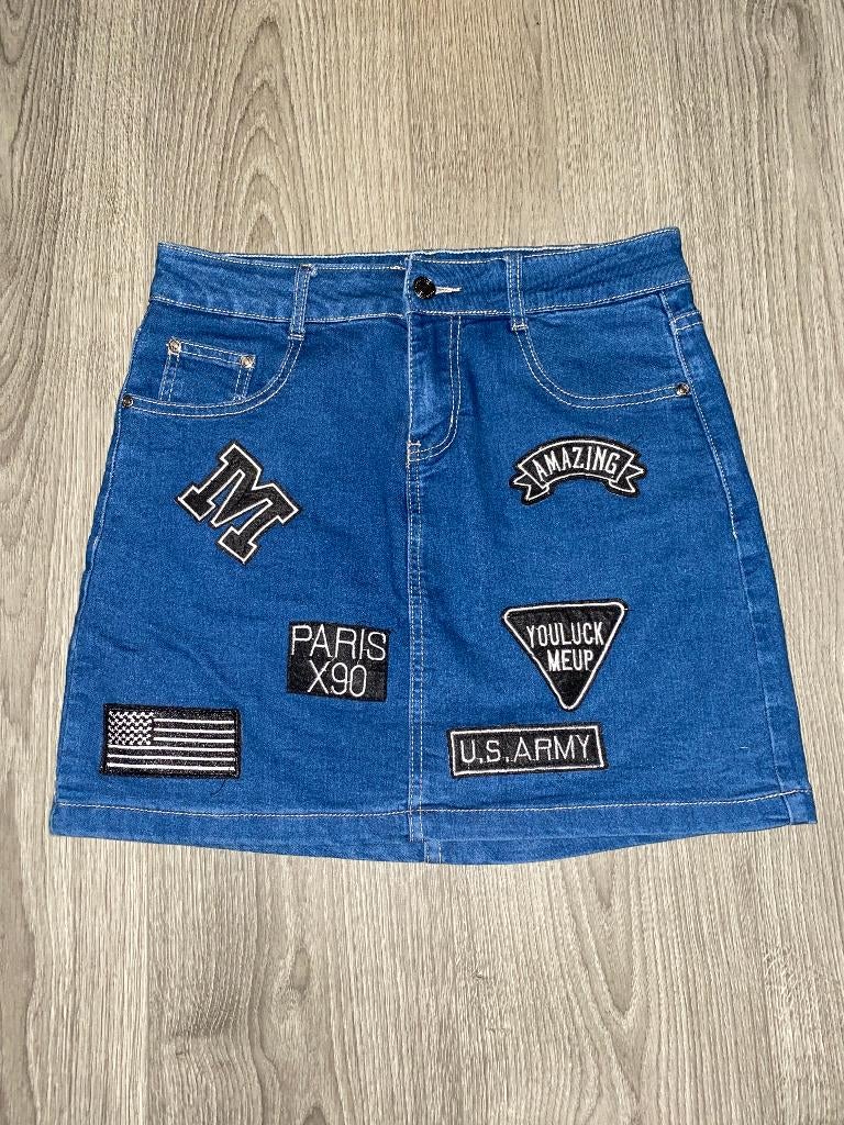 Cherry koko denim spijkerrok met patches mt S, Blauw, Ophalen of Verzenden, Zo goed als nieuw, Maat 36 (S)