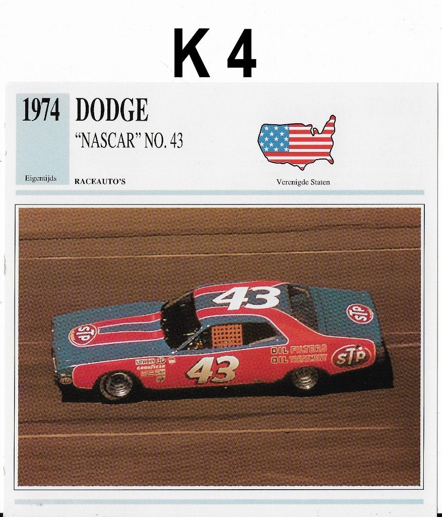 K4 autokaart dodge nascar no 43 ( 1974 ), Ophalen of Verzenden, Auto's