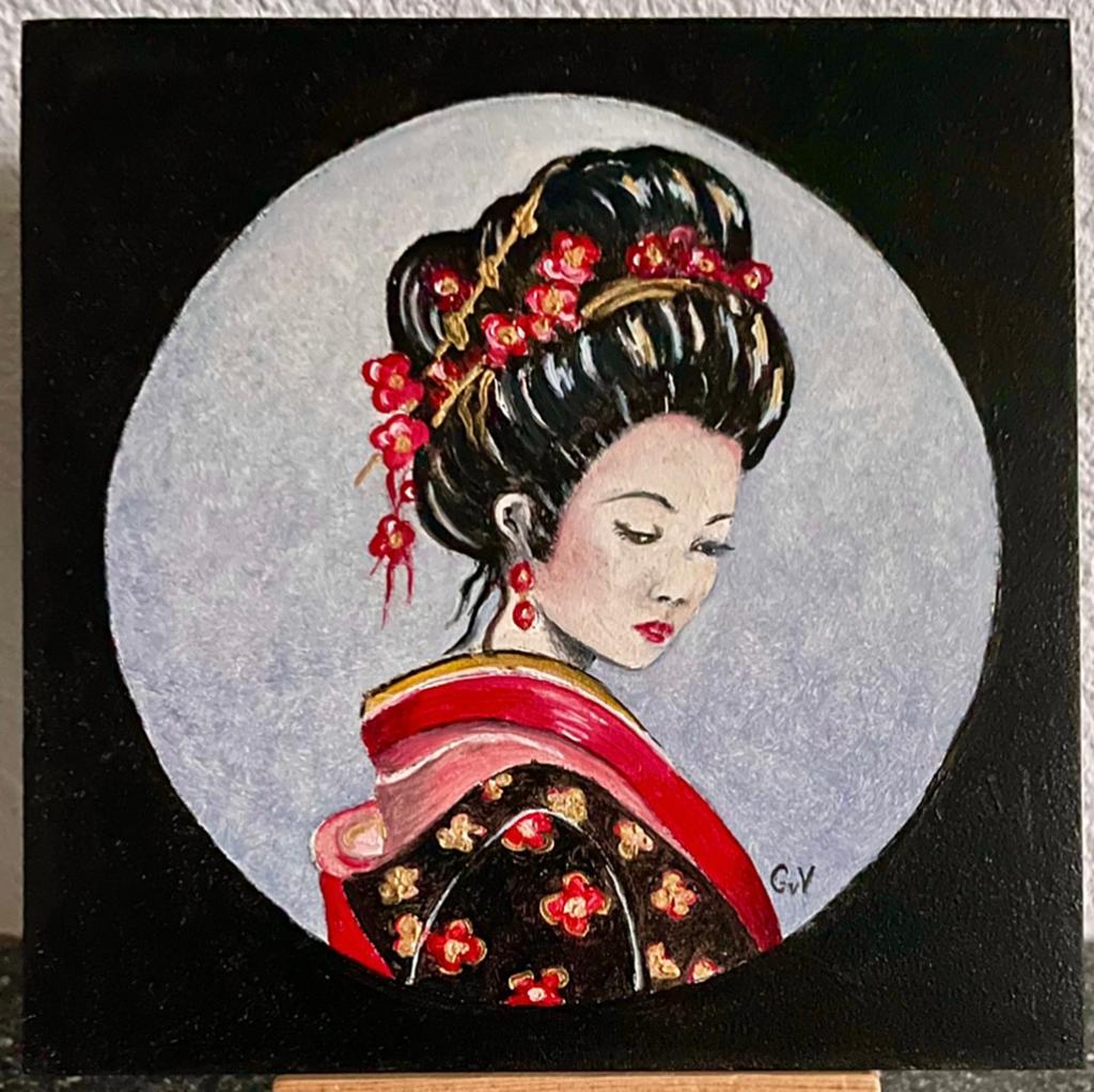 Miniatuur-schilderij Geisha, Antiek en Kunst, Kunst | Schilderijen | Modern, Ophalen of Verzenden